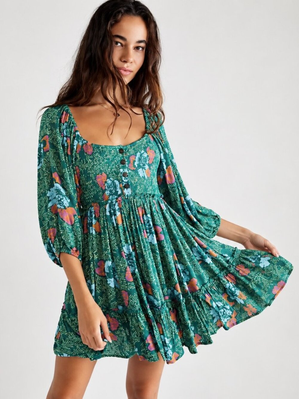 Free People Endless Summer Picnic Dress Emerald Combo Boho Mini Women Size L